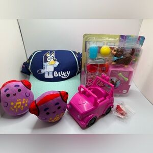 Toy lot Mattel Barbie Pets dog playset Disney car Bluey hat squishmellow owl